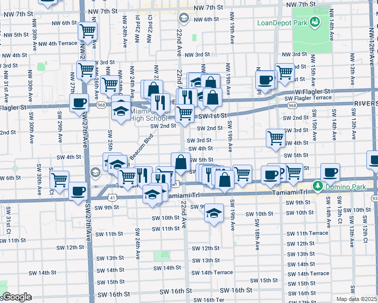 map of restaurants, bars, coffee shops, grocery stores, and more near 405-425 Southwest 22nd Court in Miami