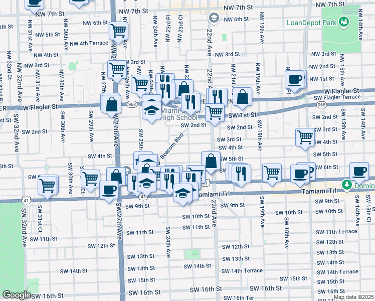 map of restaurants, bars, coffee shops, grocery stores, and more near 2328 Southwest 4th Street in Miami