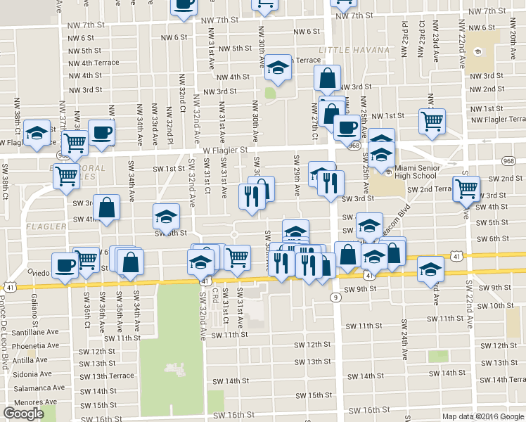 map of restaurants, bars, coffee shops, grocery stores, and more near 3019 Southwest 4th Street in Miami