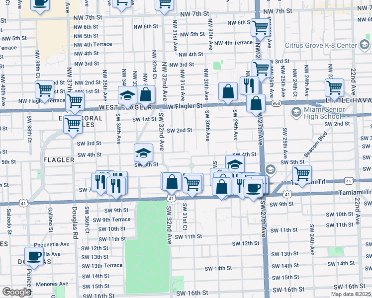 map of restaurants, bars, coffee shops, grocery stores, and more near 3102 Southwest 4th Street in Miami