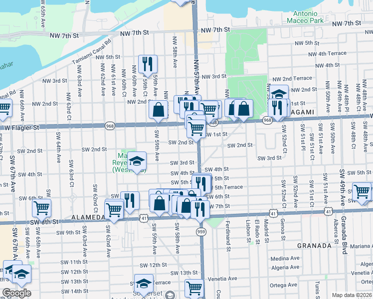 map of restaurants, bars, coffee shops, grocery stores, and more near 5756 Southwest 2nd Terrace in Miami