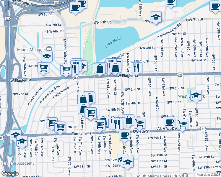 map of restaurants, bars, coffee shops, grocery stores, and more near 6760 Southwest 2nd Street in Miami