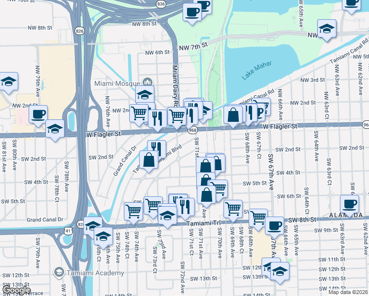 map of restaurants, bars, coffee shops, grocery stores, and more near 50-52 Tamiami Boulevard in Miami