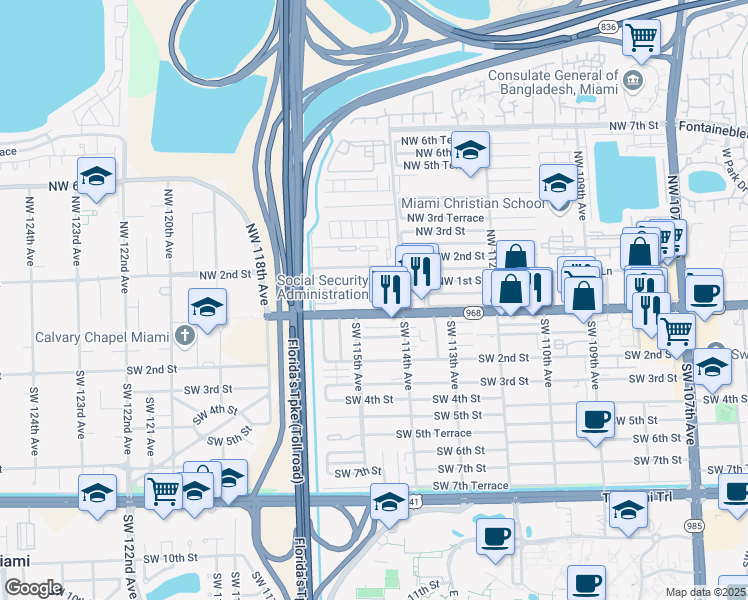 map of restaurants, bars, coffee shops, grocery stores, and more near 11455 Florida 968 in Miami
