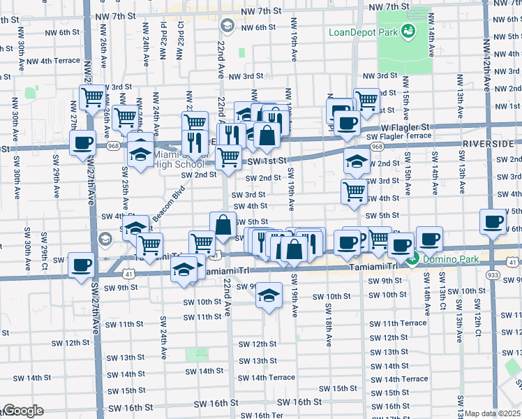 map of restaurants, bars, coffee shops, grocery stores, and more near 427 Southwest 21st Avenue in Miami
