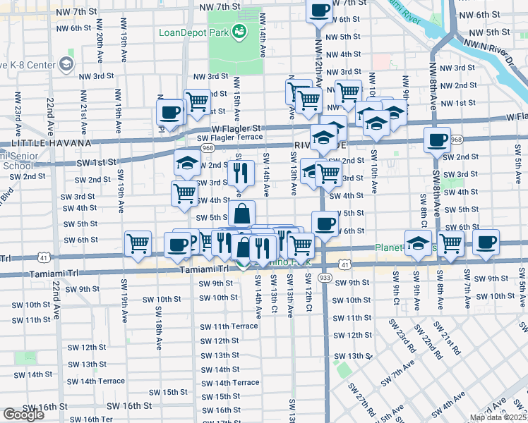 map of restaurants, bars, coffee shops, grocery stores, and more near 1426 Southwest 5th Street in Miami