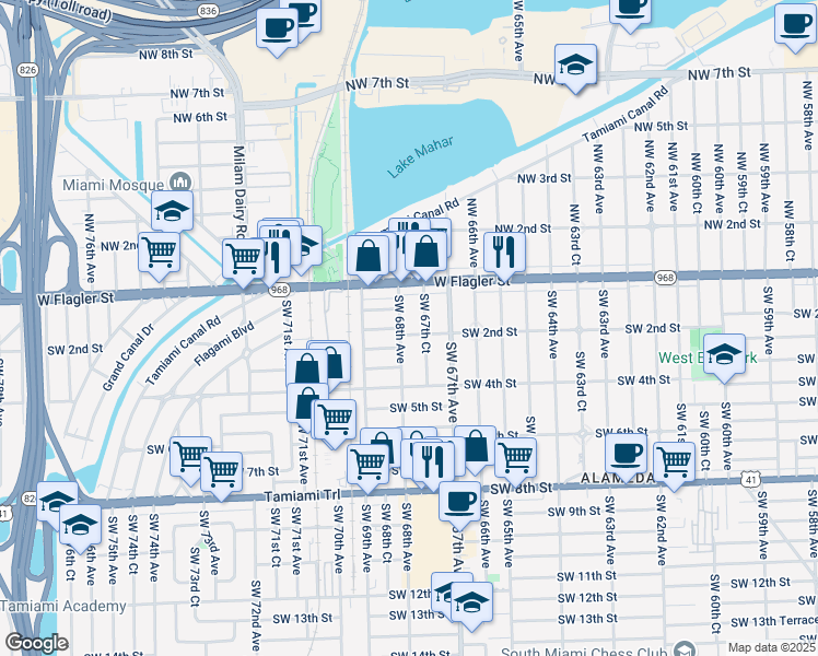 map of restaurants, bars, coffee shops, grocery stores, and more near 6760 Southwest 2nd Street in Miami