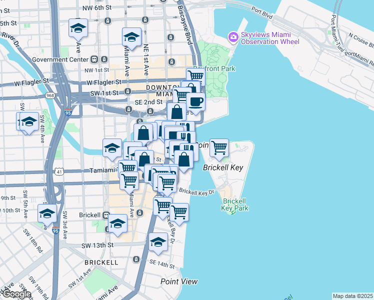 map of restaurants, bars, coffee shops, grocery stores, and more near 495 Brickell Avenue in Miami