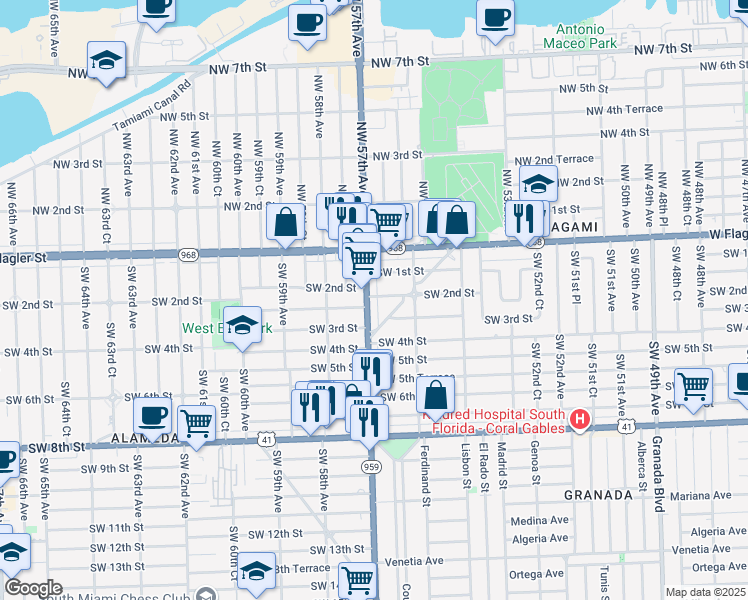 map of restaurants, bars, coffee shops, grocery stores, and more near 201 Southwest 57th Avenue in Miami