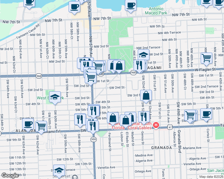 map of restaurants, bars, coffee shops, grocery stores, and more near 5515 Southwest 3rd Street in Coral Gables