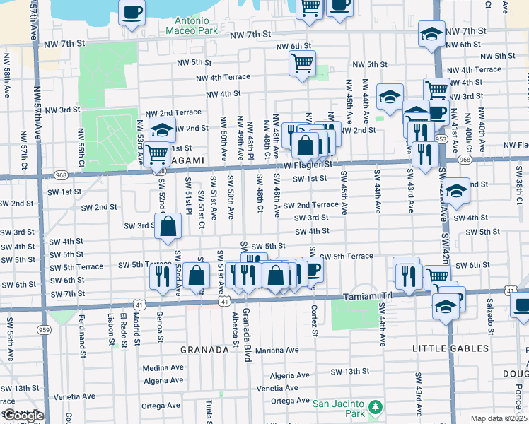 map of restaurants, bars, coffee shops, grocery stores, and more near 300 Southwest 48th Avenue in Coral Gables