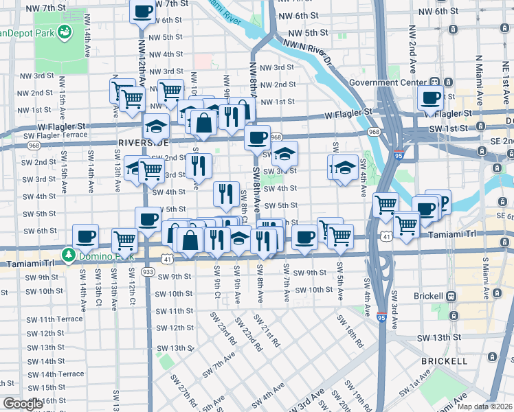 map of restaurants, bars, coffee shops, grocery stores, and more near 820 Southwest 5th Street in Miami