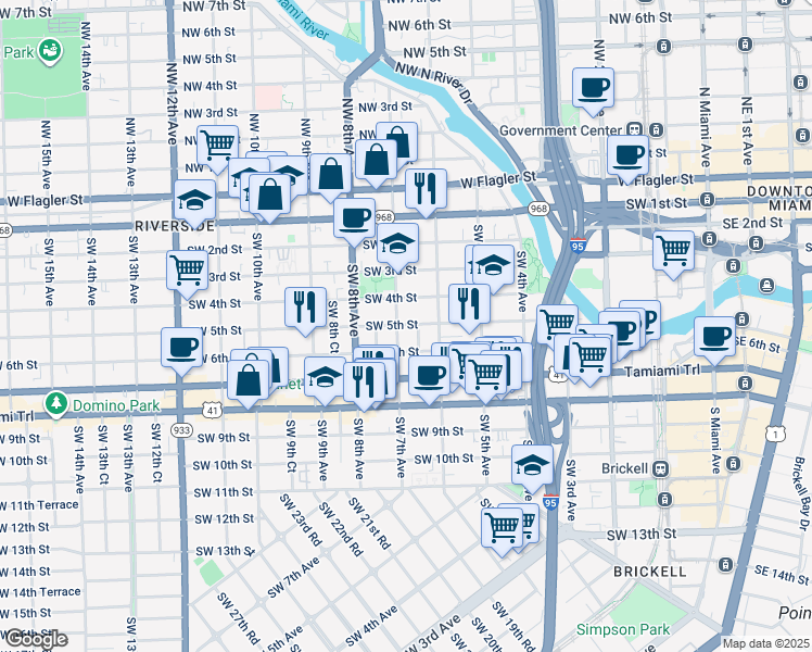 map of restaurants, bars, coffee shops, grocery stores, and more near 524 Southwest 6th Court in Miami