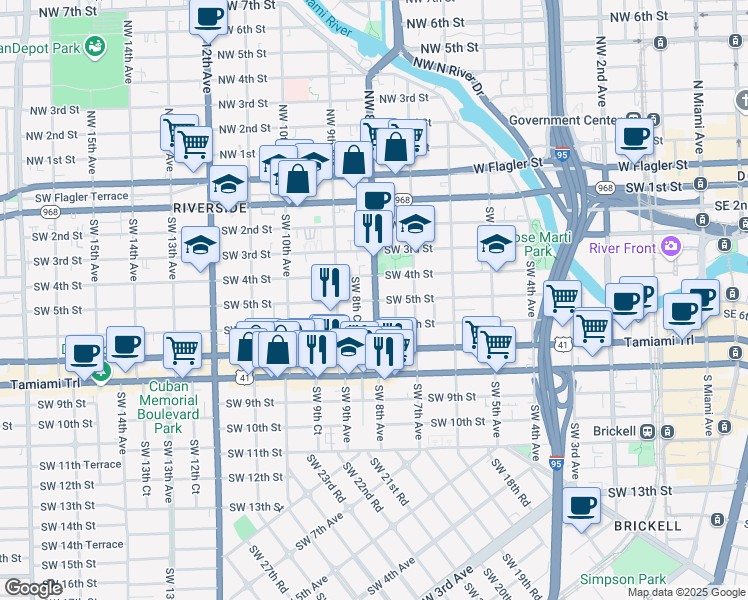 map of restaurants, bars, coffee shops, grocery stores, and more near 820 Southwest 5th Street in Miami
