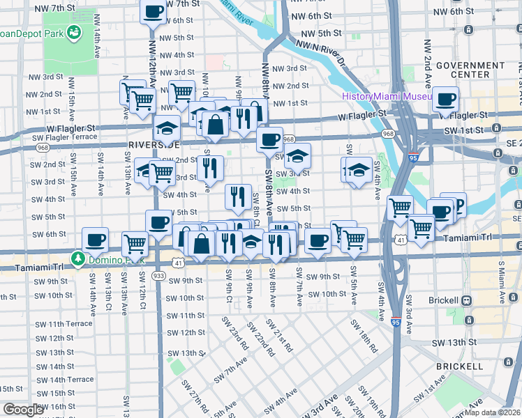 map of restaurants, bars, coffee shops, grocery stores, and more near 820 Southwest 5th Street in Miami