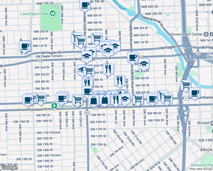 map of restaurants, bars, coffee shops, grocery stores, and more near 507 Southwest 10th Avenue in Miami