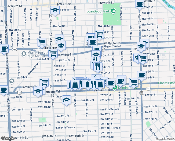 map of restaurants, bars, coffee shops, grocery stores, and more near 1799 Southwest 5th Street in Miami