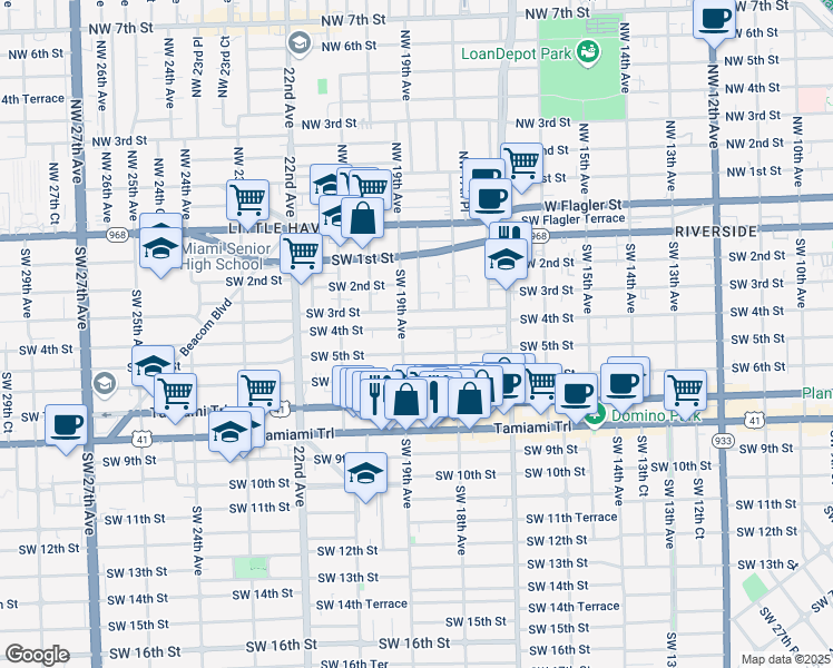 map of restaurants, bars, coffee shops, grocery stores, and more near 1869 Southwest 5th Street in Miami