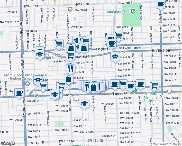 map of restaurants, bars, coffee shops, grocery stores, and more near 1939 Southwest 5th Street in Miami