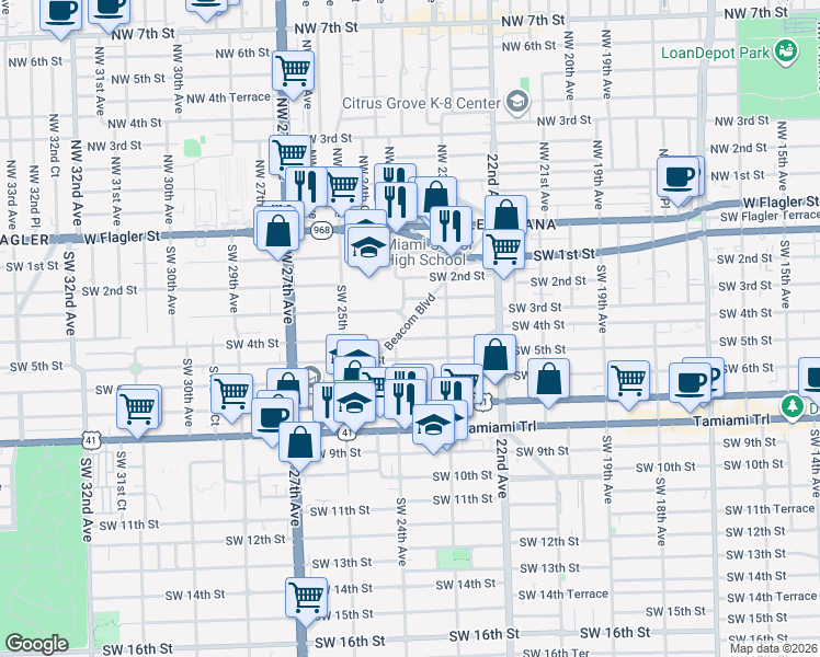 map of restaurants, bars, coffee shops, grocery stores, and more near in Miami