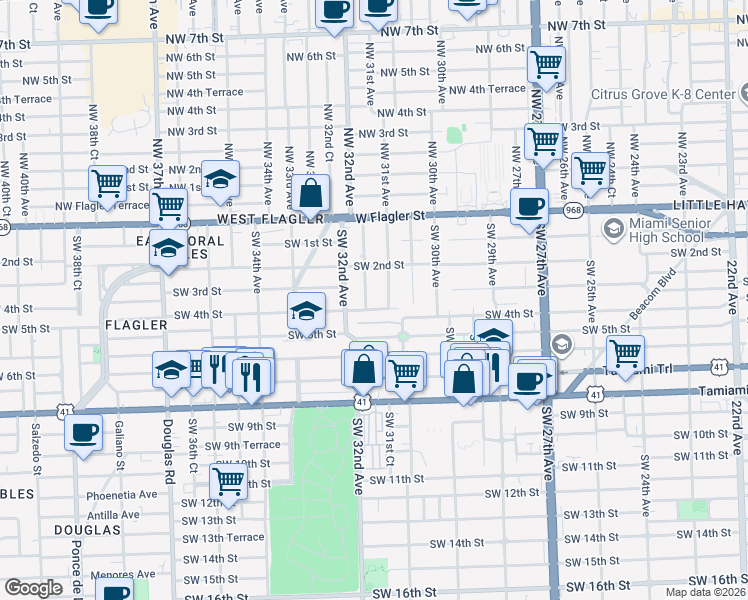 map of restaurants, bars, coffee shops, grocery stores, and more near 3167 Southwest 4th Street in Miami