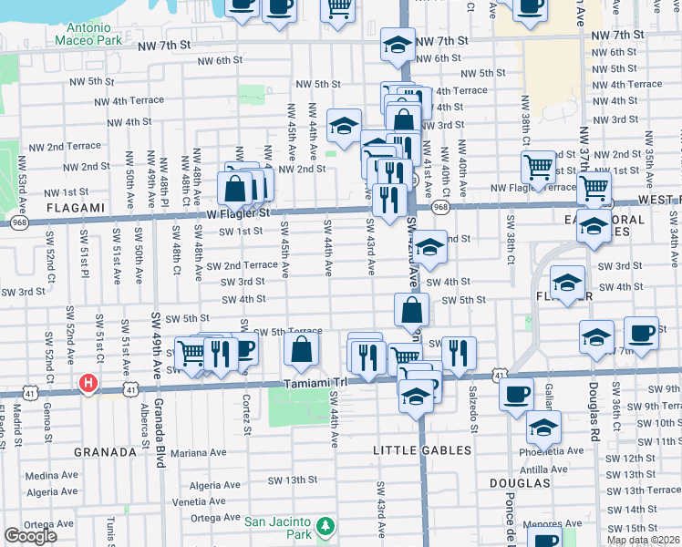 map of restaurants, bars, coffee shops, grocery stores, and more near 4340 Southwest 3rd Street in Coral Gables