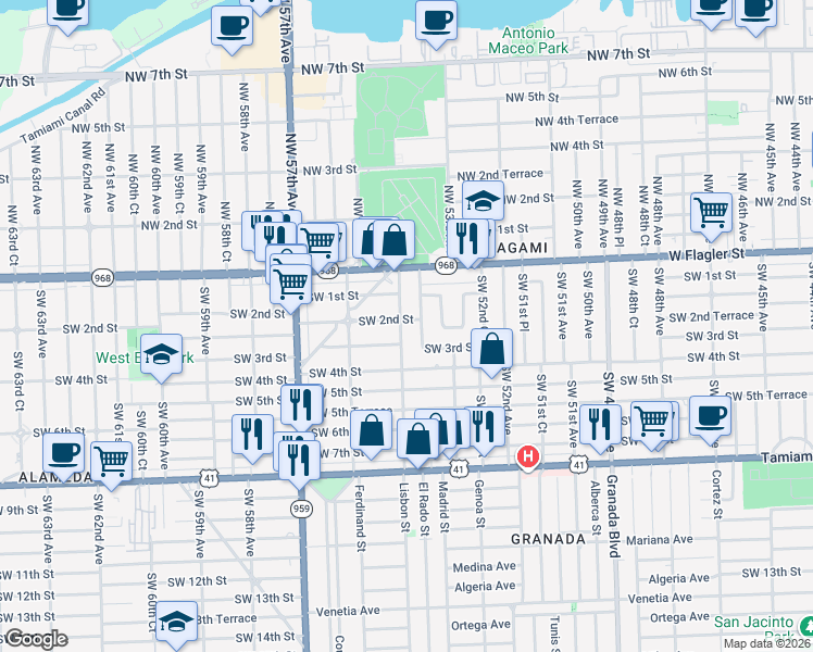map of restaurants, bars, coffee shops, grocery stores, and more near 231 Southwest 54th Avenue in Coral Gables