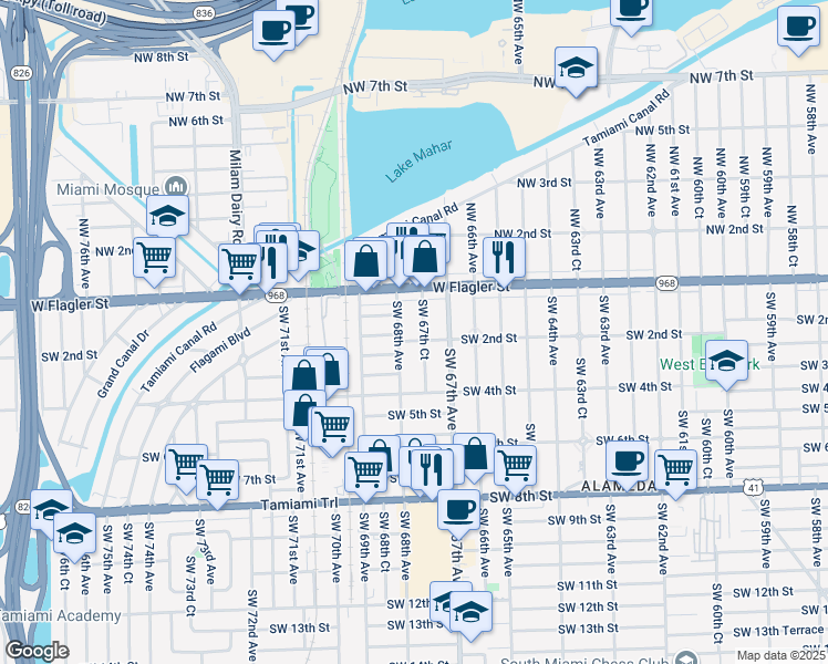 map of restaurants, bars, coffee shops, grocery stores, and more near 6760 Southwest 2nd Street in Miami