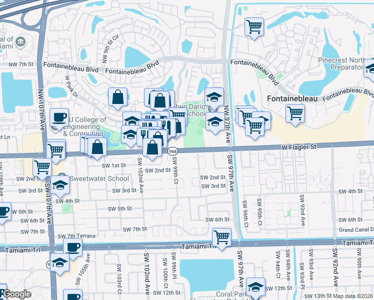 map of restaurants, bars, coffee shops, grocery stores, and more near 9900 West Flagler Street in Miami