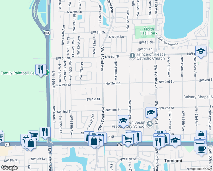 map of restaurants, bars, coffee shops, grocery stores, and more near 30 Northwest 132nd Avenue in Miami