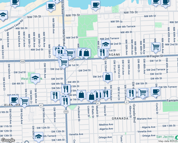map of restaurants, bars, coffee shops, grocery stores, and more near 231 Southwest 54th Avenue in Coral Gables