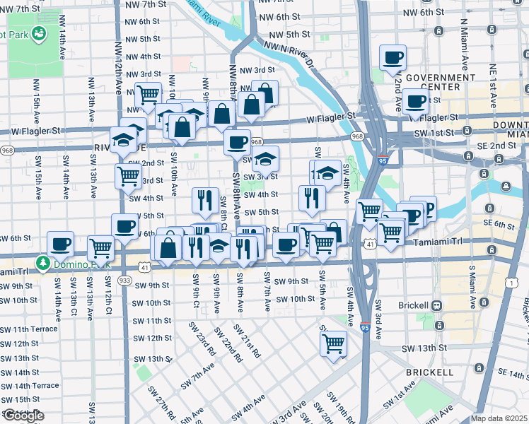 map of restaurants, bars, coffee shops, grocery stores, and more near Southwest 7th Avenue in Miami