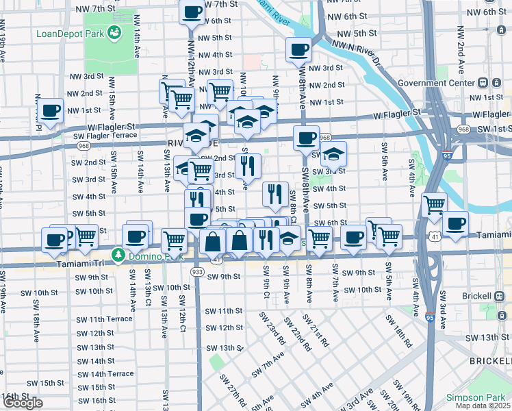 map of restaurants, bars, coffee shops, grocery stores, and more near 507 Southwest 10th Avenue in Miami