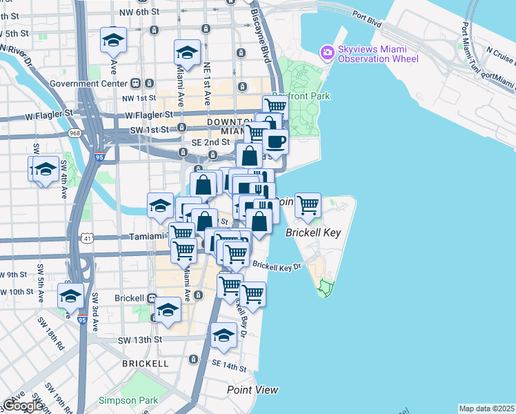 map of restaurants, bars, coffee shops, grocery stores, and more near 495 Brickell Avenue in Miami