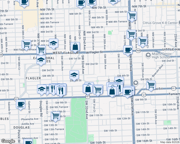map of restaurants, bars, coffee shops, grocery stores, and more near 3167 Southwest 4th Street in Miami