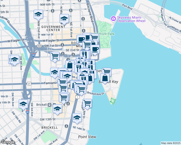 map of restaurants, bars, coffee shops, grocery stores, and more near 495 Brickell Avenue in Miami