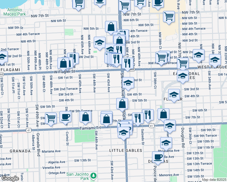 map of restaurants, bars, coffee shops, grocery stores, and more near 4280 Southwest 3rd Street in Coral Gables