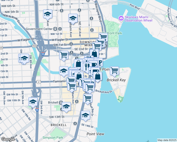 map of restaurants, bars, coffee shops, grocery stores, and more near 501 Brickell Avenue in Miami
