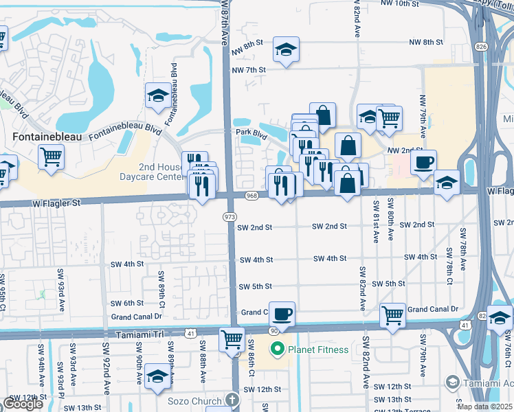 map of restaurants, bars, coffee shops, grocery stores, and more near 8455 Southwest 2nd Street in Miami