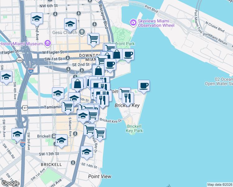 map of restaurants, bars, coffee shops, grocery stores, and more near 801 Brickell Key Boulevard in Miami