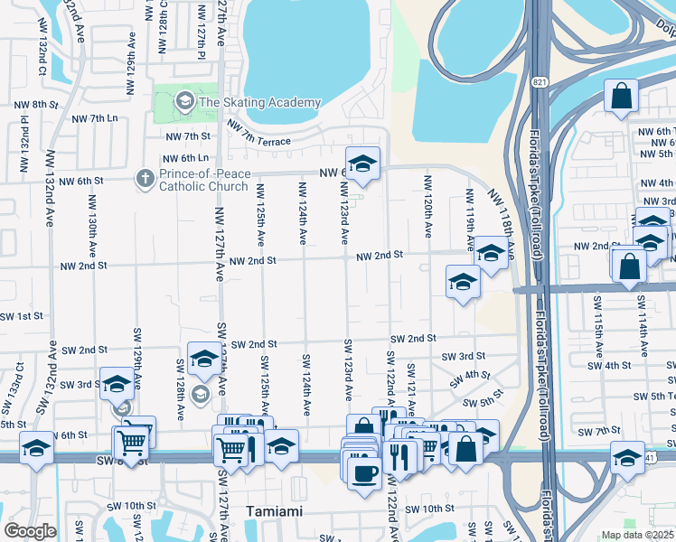map of restaurants, bars, coffee shops, grocery stores, and more near 120 Northwest 123rd Avenue in Miami