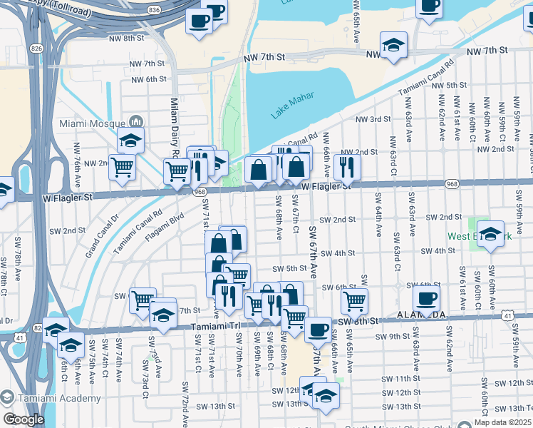map of restaurants, bars, coffee shops, grocery stores, and more near 6840 Southwest 2nd Street in Miami