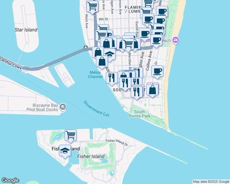 map of restaurants, bars, coffee shops, grocery stores, and more near 802 South Pointe Drive in Miami Beach