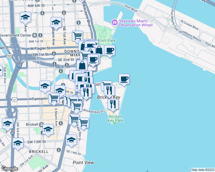 map of restaurants, bars, coffee shops, grocery stores, and more near 900 Brickell Key Boulevard in Miami