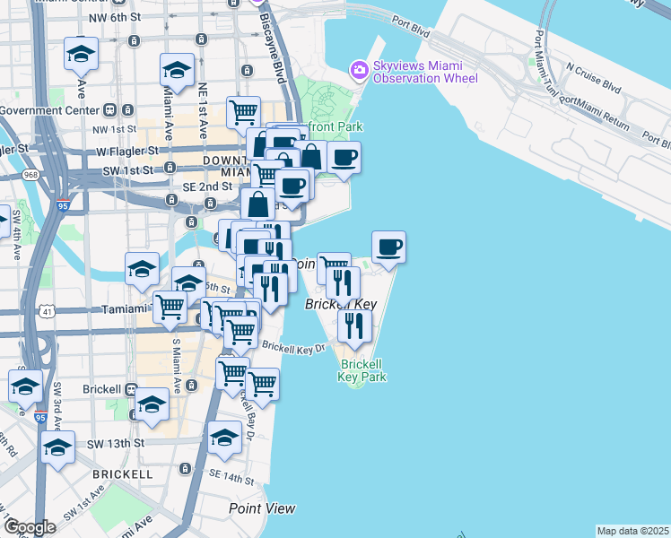 map of restaurants, bars, coffee shops, grocery stores, and more near 900 Brickell Key Boulevard in Miami