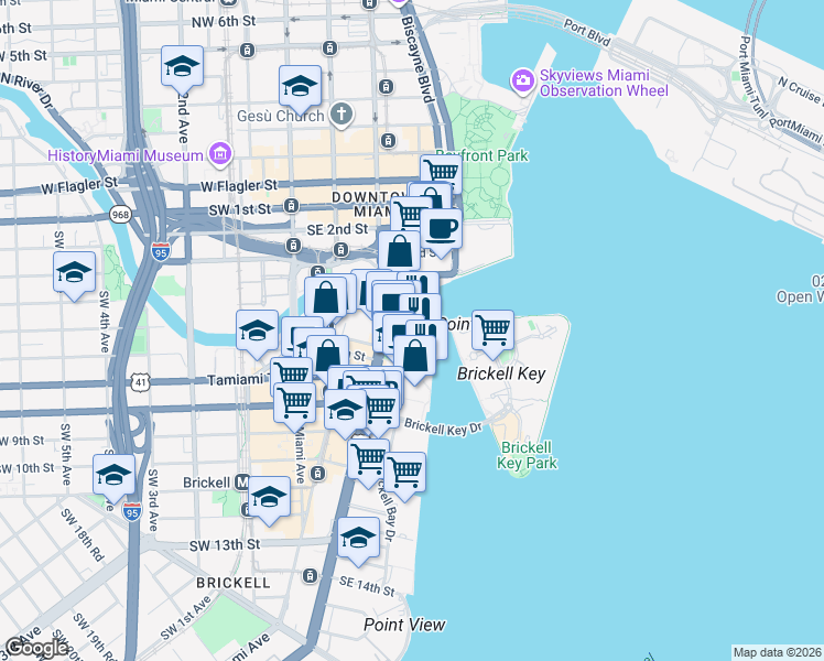 map of restaurants, bars, coffee shops, grocery stores, and more near 495 Brickell Avenue in Miami