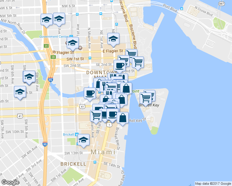 map of restaurants, bars, coffee shops, grocery stores, and more near 501 Brickell Avenue in Miami