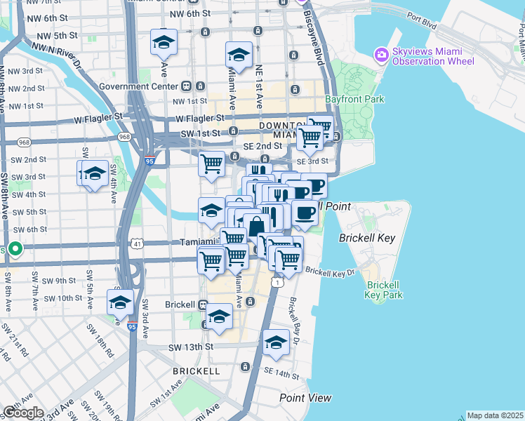 map of restaurants, bars, coffee shops, grocery stores, and more near 41 Southeast 6th Street in Miami
