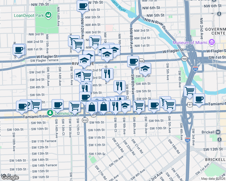 map of restaurants, bars, coffee shops, grocery stores, and more near 507 Southwest 10th Avenue in Miami