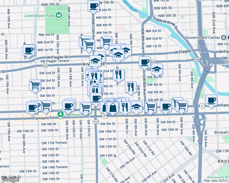 map of restaurants, bars, coffee shops, grocery stores, and more near 1060 Southwest 5th Street in Miami